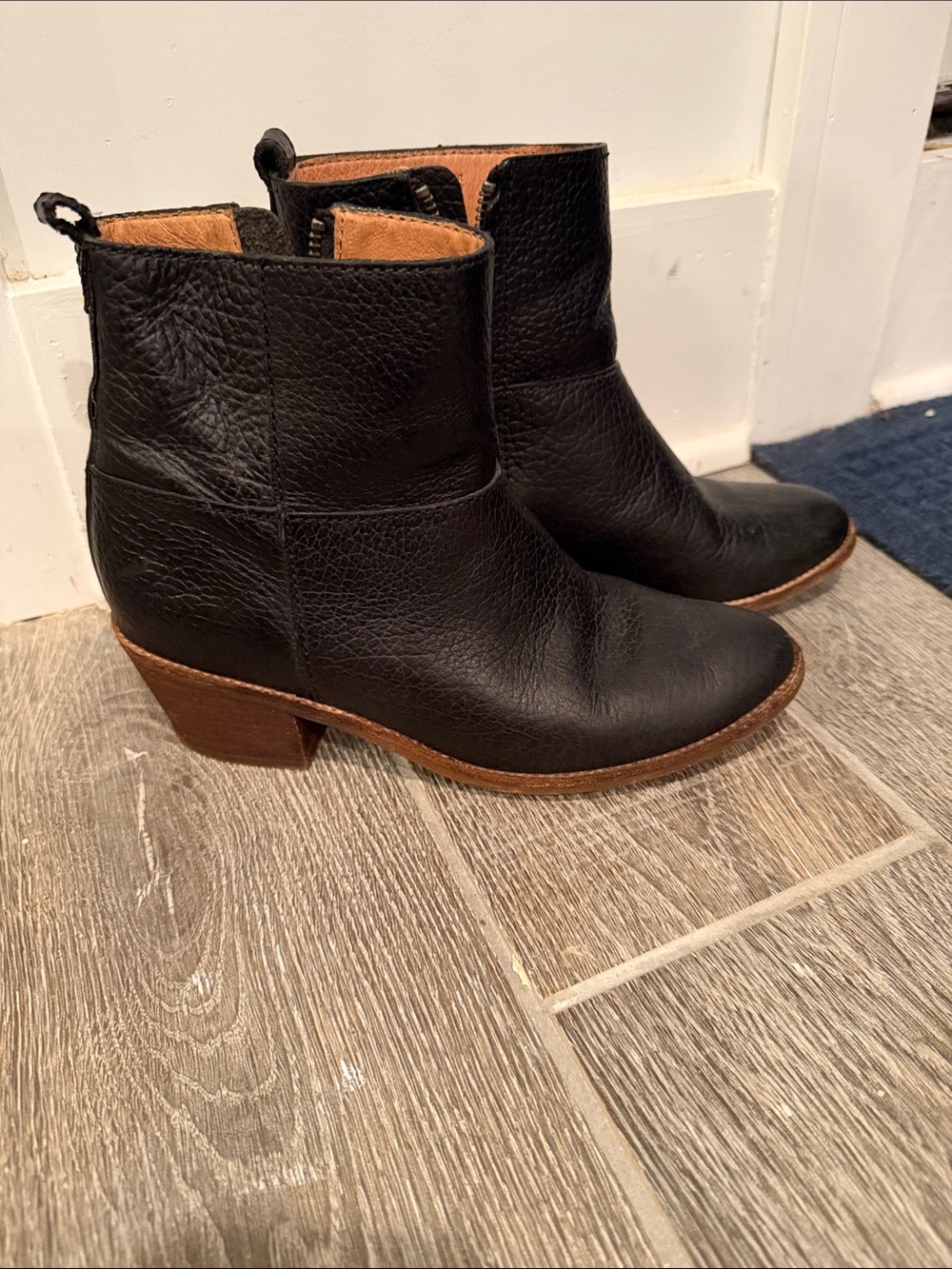 Madewell Black Leather Ankle Booties with Tan Stacked Heel